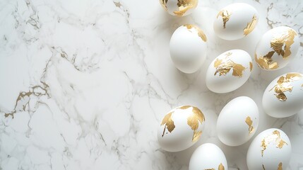 White Ester eggs ornate with golden paint on white background, flat lay view, copy space.