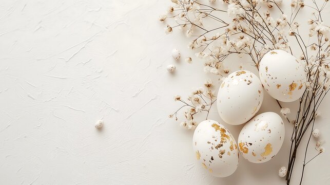 White Ester eggs ornate with golden paint with spring flowers on white background, flat lay view, copy space.