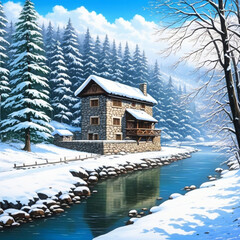 Fototapeta premium cartoon photo, beautiful stone house by the river in the forest, close up, winter 
