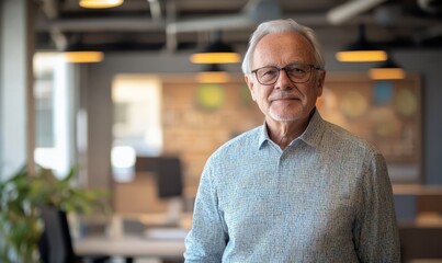 Confident senior man with glasses standing in modern office, perfect for leadership, business, and retirement themes