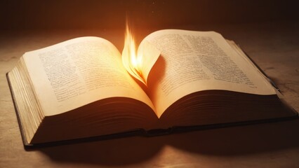 Obraz premium A beautifully illuminated book opens wide, revealing pages with wisdom under a radiant sunrise