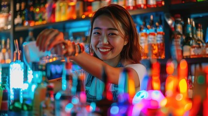 Asian woman shaking a cocktail mixer energetically, neon lights creating a vivid scene, bar patrons enjoying their drinks and the lively atmosphere