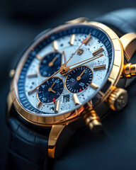 Elegant gold-toned chronograph watch resting on luxurious fabric backdrop Generative AI