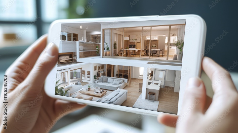 Poster a person interacts with a mobile device showcasing a 3d virtual tour of a modern home. this innovati