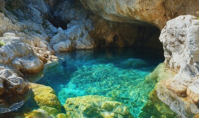 Obraz premium Crystal-clear water in rocky cave, serene natural pool, vibrant turquoise hues, sunlight reflections, tranquil atmosphere