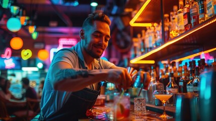 Fototapeta premium Barman carefully measuring ingredients for a cocktail, neon lights casting a vibrant glow, bar patrons eagerly awaiting their drinks