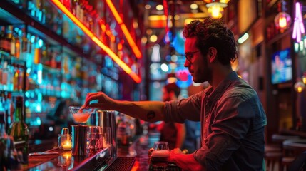 Obraz premium Barman carefully measuring ingredients for a cocktail, neon lights casting a vibrant glow, bar patrons eagerly awaiting their drinks