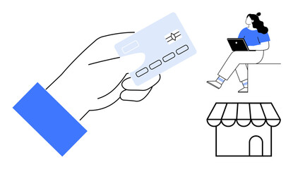 Hand holding credit card for online transactions next to person with laptop and a storefront. Ideal for e-commerce, online payment, internet banking, digital marketing, online retail, financial