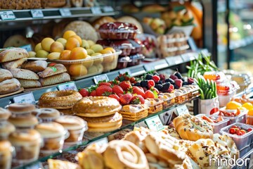 Fototapeta premium A colorful display case filled with various types of food, perfect for restaurants, cafes or marketplaces