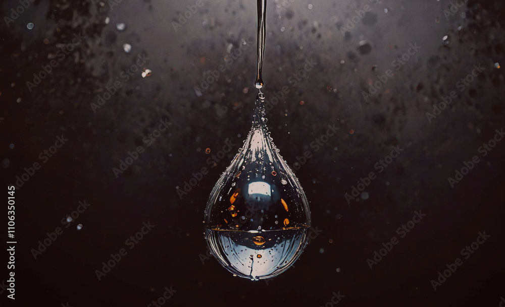 Poster drop of water is hanging from a faucet. the water is clear and has a small reflection of the faucet