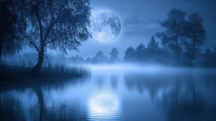 Paisaje nocturno con luna llena y lago © YauheniB