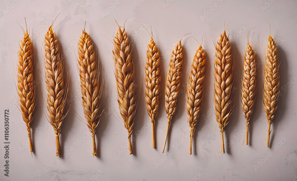 Poster Row of wheat stalks with the top of the stalk showing. The stalks are all different sizes