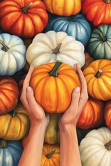 Hands holding a pumpkin. Seasonal theme for greeting card background.