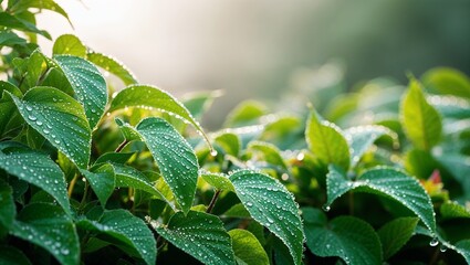 Lush green foliage with dew-covered leaves in a close-up shot and soft focus background
