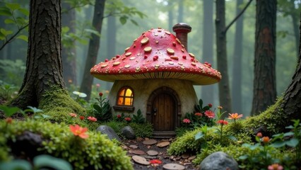 A charming mushroom house with a lit window sits nestled amongst lush greenery and mossy stones in a whimsical forest scene. Concept of a fairytale forest dwelling.
