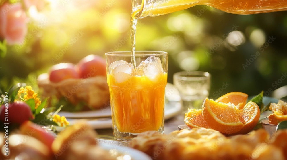 Aufkleber sunlight filters through vibrant greenery as a pitcher pours refreshing orange juice over ice into a