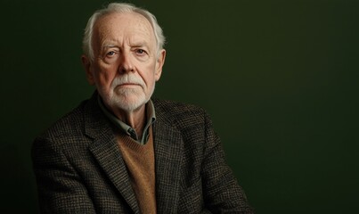 Obraz premium Elderly man portrait, serious expression, wearing tweed jacket, green background, gray hair, beard, thoughtful demeanor, natural lighting