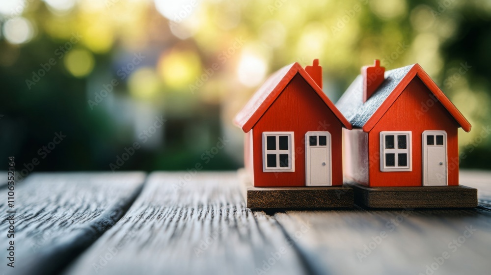 Poster two small red house models are positioned closely on a wooden surface. the background features a sof