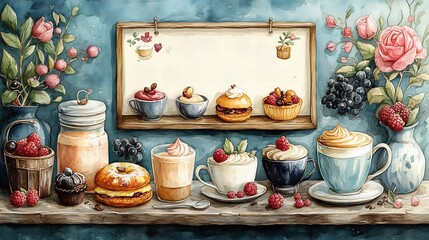 charming cafe menu card design for calligraphy display on a pastel board with whimsical illustrations of cappuccino coffee cups pastries and bakery treats