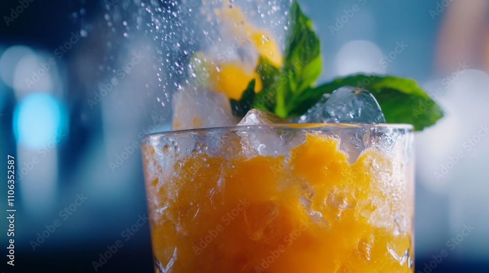 Aufkleber Fresh ingredients are being blended into a vibrant juice in a lively kitchen. Mint leaves and ice complement the bright citrus colors, creating a refreshing drink ready to enjoy.