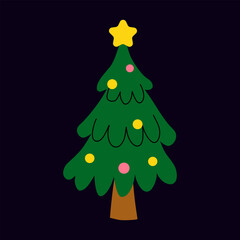 Colorful cartoon Christmas tree with star and ornaments on dark background