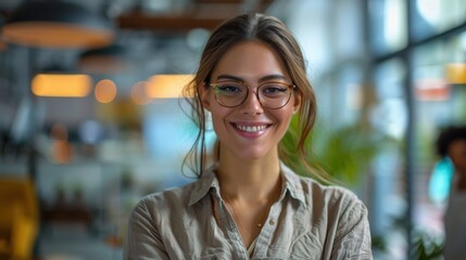 Businesswoman in a bright office, Hispanic, engaging with her smartphone, dressed formally