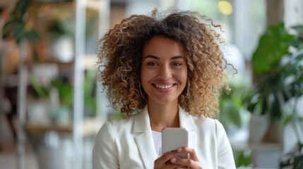 Businesswoman in a bright office, Hispanic, engaging with her smartphone, dressed formally