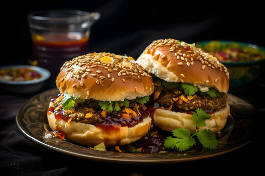 Dabeli &ndash; Indian Spiced Potato Burger with Chutneys and Pomegranate Seeds