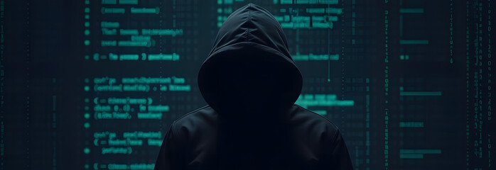 An image of a hacker in a black hoodie standing against a dark background with binary code. The mood of the image is dark and ominous.