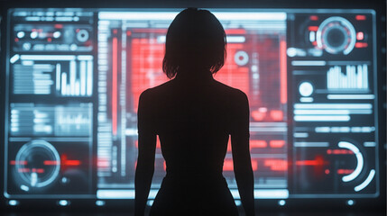 a silhouette of a confident female leader standing in front of a futuristic digital interface. The interface displays glowing, transparent charts and graphics, and bar graphs and circular diagrams.