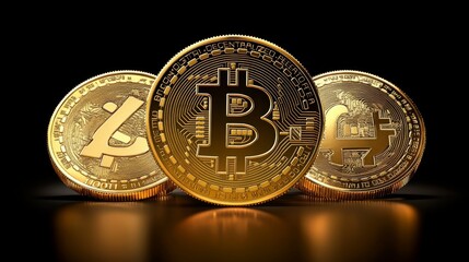 3D golden bitcoins bouncing on a dark background. 