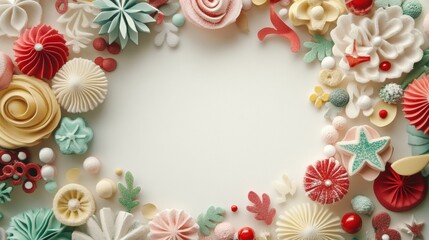Colorful sugar decorations frame a blank space for festive creativity, AI