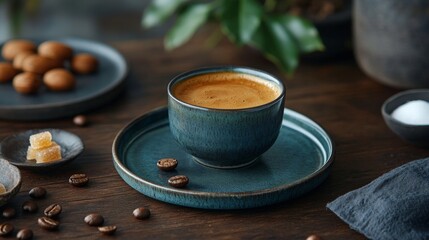 A cozy coffee scene with a cup of espresso, cookies, and coffee beans on a wooden table.