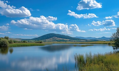 Obraz premium Scenic lake reflection with mountains and clouds, tranquil landscape with blue sky, lush greenery, and serene water