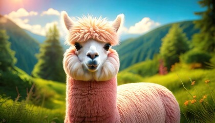 cinematic filter photo of pink alpaca 