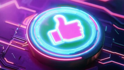 Vibrant abstract visual with glowing thumbs up icon in neon colors - Powered by Adobe