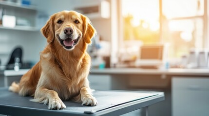 A cheerful golden retriever sits calmly on the examination table, surrounded by a clean and bright veterinary clinic. Generative AI