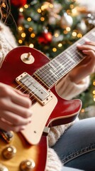 Fototapeta premium Woman playing electric guitar by a festive Christmas tree, AI