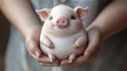 Charming close-up of a smiling piglet nestled in a person's hands,人の手に寄り添う微笑む子豚の魅力的なクローズアップ.Generative AI