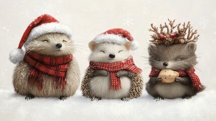 Three adorable hedgehogs in festive attire enjoy a snowy holiday scene, AI