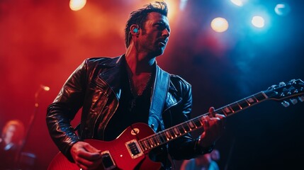 Naklejka premium German musician performing live on stage with guitar in BerlinBINARY vibrant lighting emphasizes passion and intensityHORIZONTALportrait