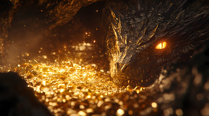 Naklejka premium Dragon s hoard, cavern treasure, guardian of gold and gems, detailed greed, morning glow, draconic wealth. Draconic. Illustration