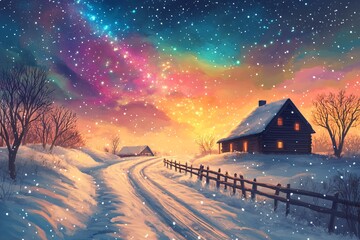 A wooden house on the right side of a long road, snowflakes falling heavily, colorful sky with a shining galaxy above, soft moonlight casting a glow on the snow-covered ground 2