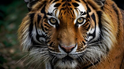 Fototapeta premium Tiger's Face showcasing powerful gaze, striking stripes, and majestic beauty in the heart of the wild.