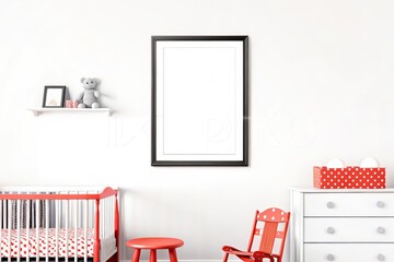 Fototapeta premium Bright nursery with red and white furniture, a black-framed poster on the wall, and playful decor elements like a teddy bear and polka-dot accents