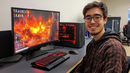 Smiling Gamer at his Gaming Setup