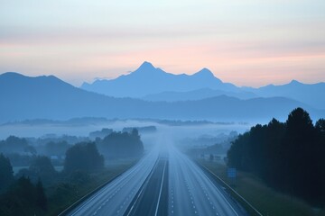 A road with mountains in the background, suitable for adventure and travel themes
