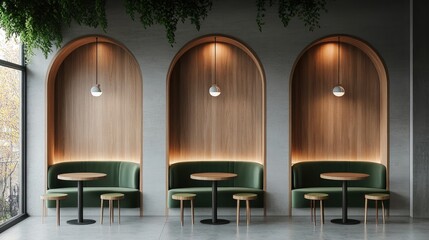 Modern cafe interior with arched wooden booths, green velvet seating, and round tables.
