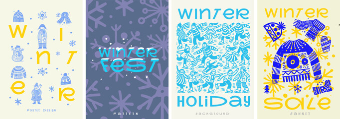 A dynamic winter poster set showcasing festive elements like snowflakes, skaters, sweaters, hats, and scarves with playful typography and bold color contrasts.