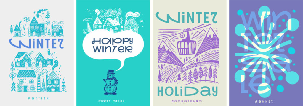 A vibrant winter poster set with playful illustrations of snowy villages, happy snowmen, mountain scenes, and abstract winter elements in a creative retro design.